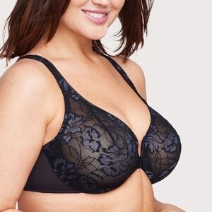 Glamorise Front-Closure Lacey T-Back Wonderwire Bra Womens 46C Black Floral